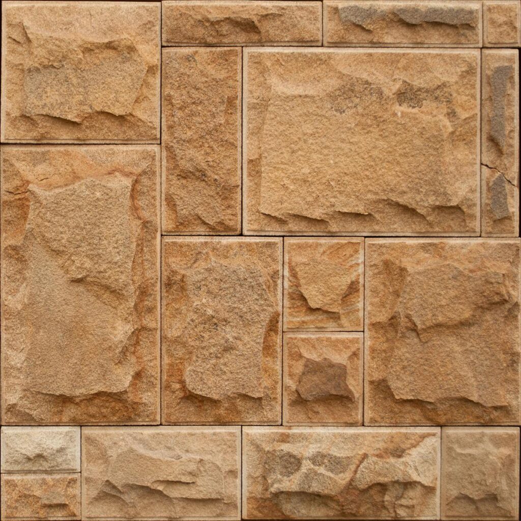 Raue Steinmauer mit geometrischen Mustern und Erdtönen für die architektonische Gestaltung.