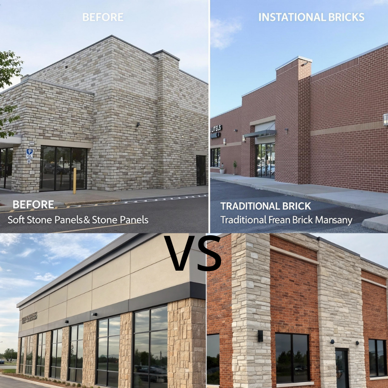 Comparison of fireproof soft stone panels and traditional brick masonry showing installation differences