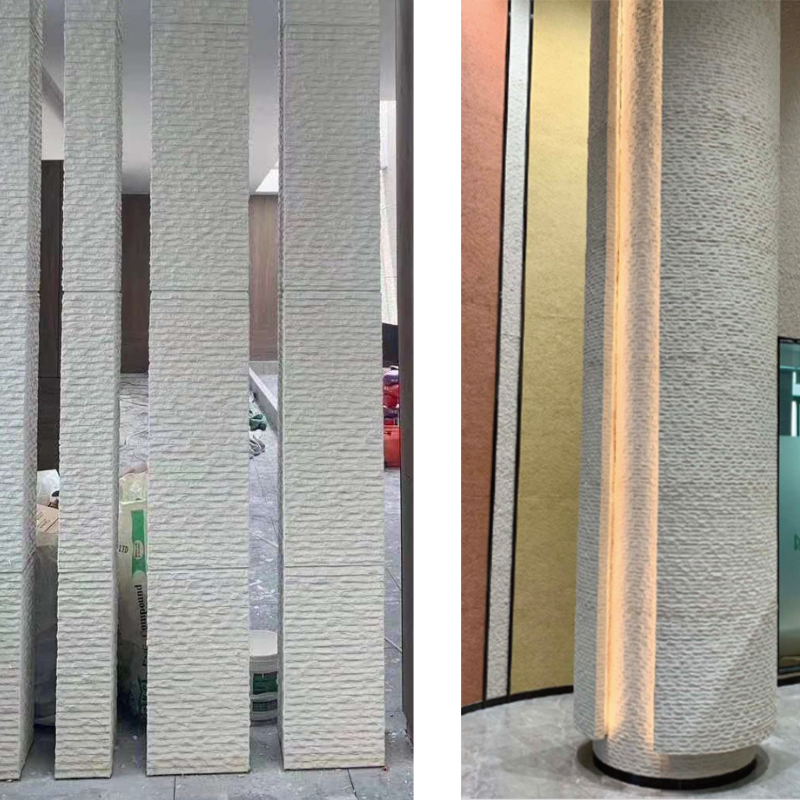 Flexible stone veneer wrapping around a curved column demonstrating bendability