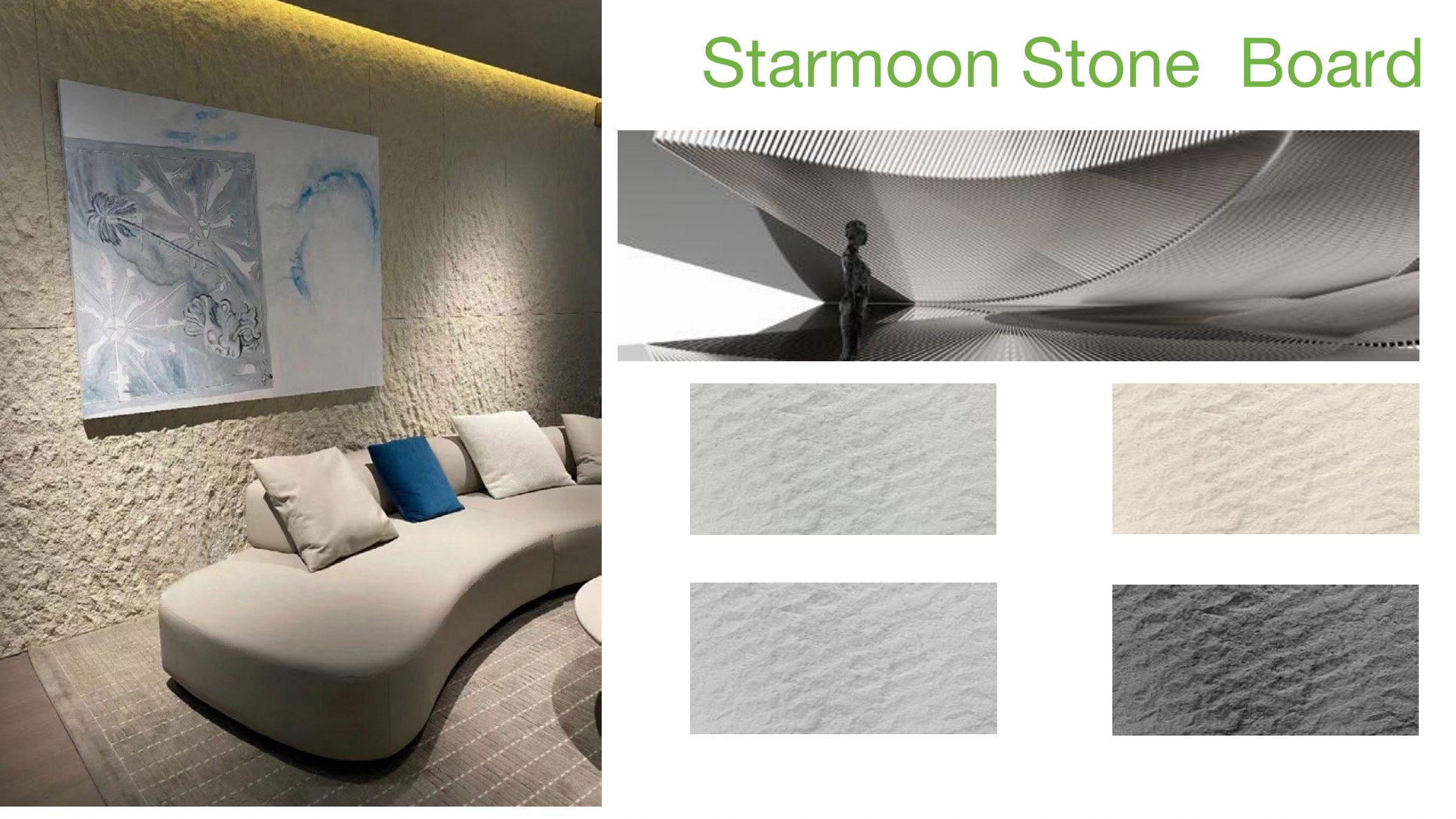 Spread of the JMS Decor facade panel catalogue showing exterior finishes and formats