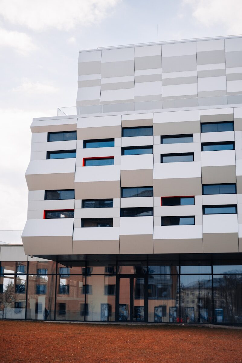 High-rise building facade with flexible stone cladding suited to cold-climate performance