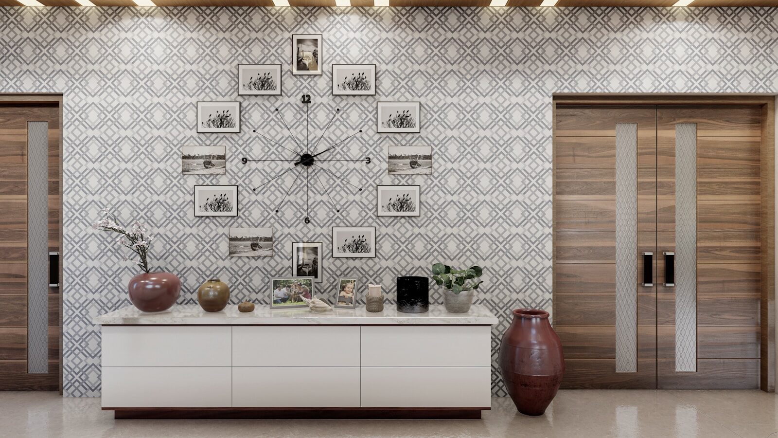 Residential living room with textured feature wall and timber sliding panels