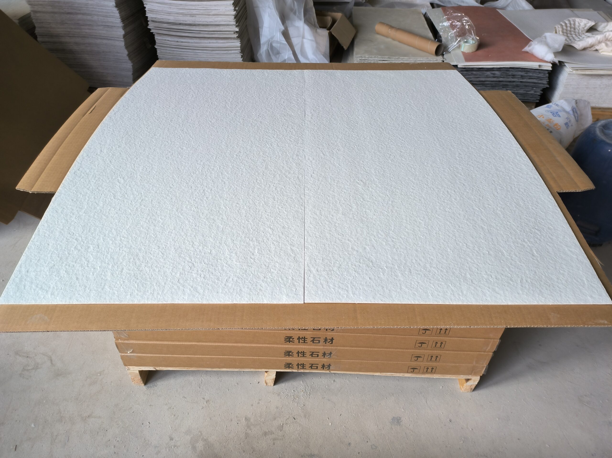 Flexible stone panels packed for flat-pack delivery