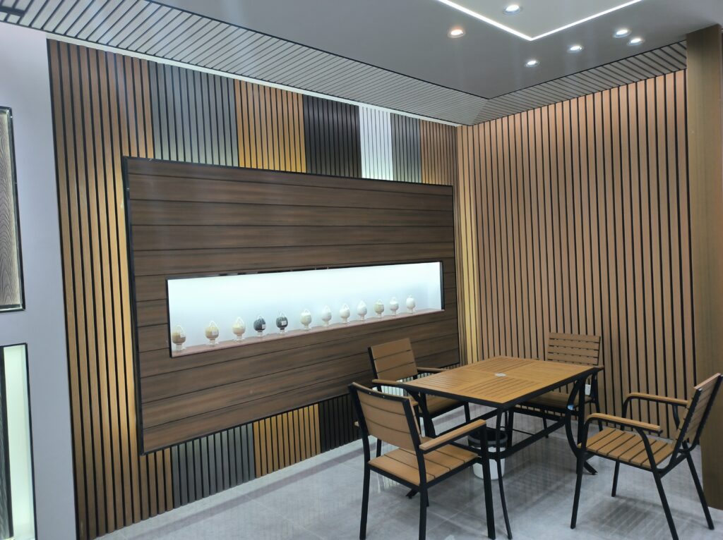 WPC wood slat wall panels in modern interior showroom