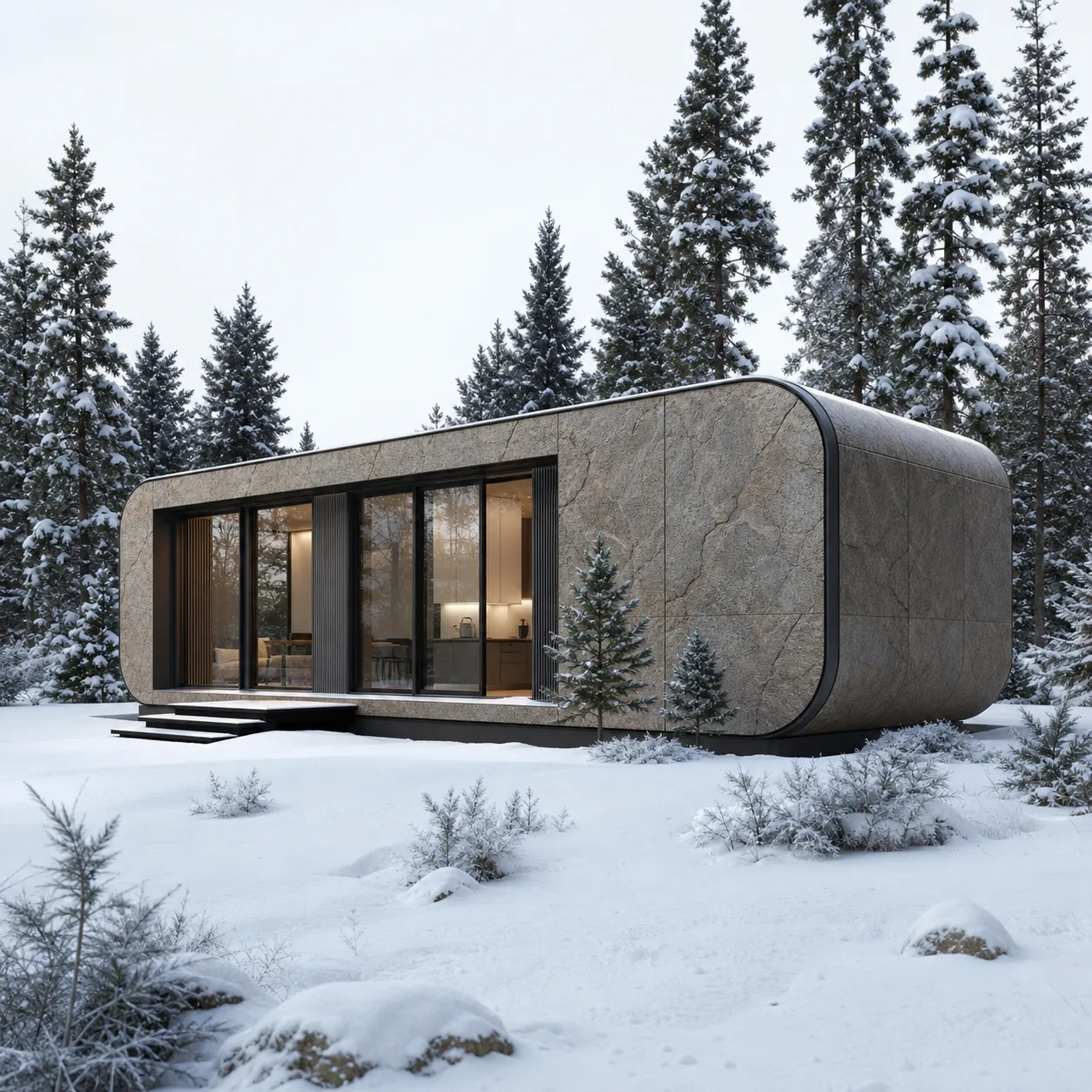 Flexible stone exterior cladding on modern mountain home