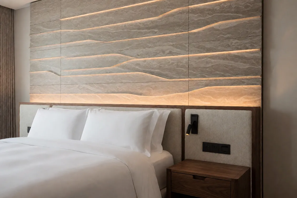 flexible sandstone hotel bedroom headboard feature wall